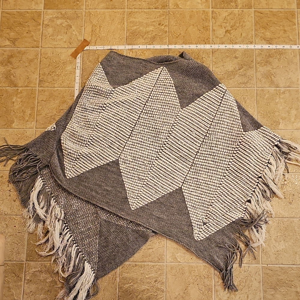 Gray and White Chevron Poncho with Fringe